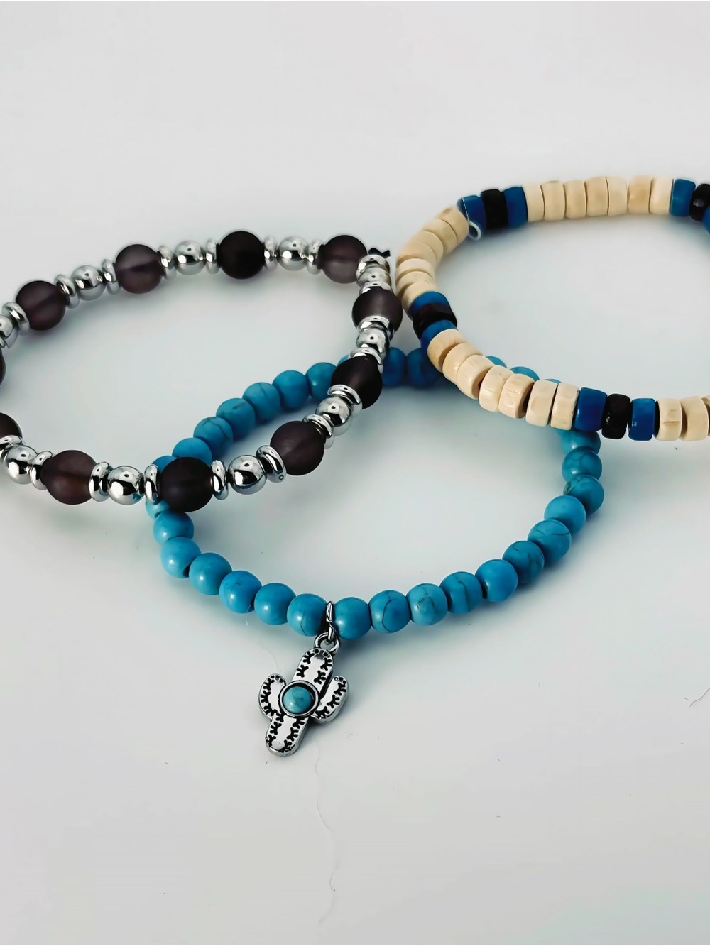 Turquoise Beaded Stack Bracelet Set with Cactus Charm - Women Jewelry